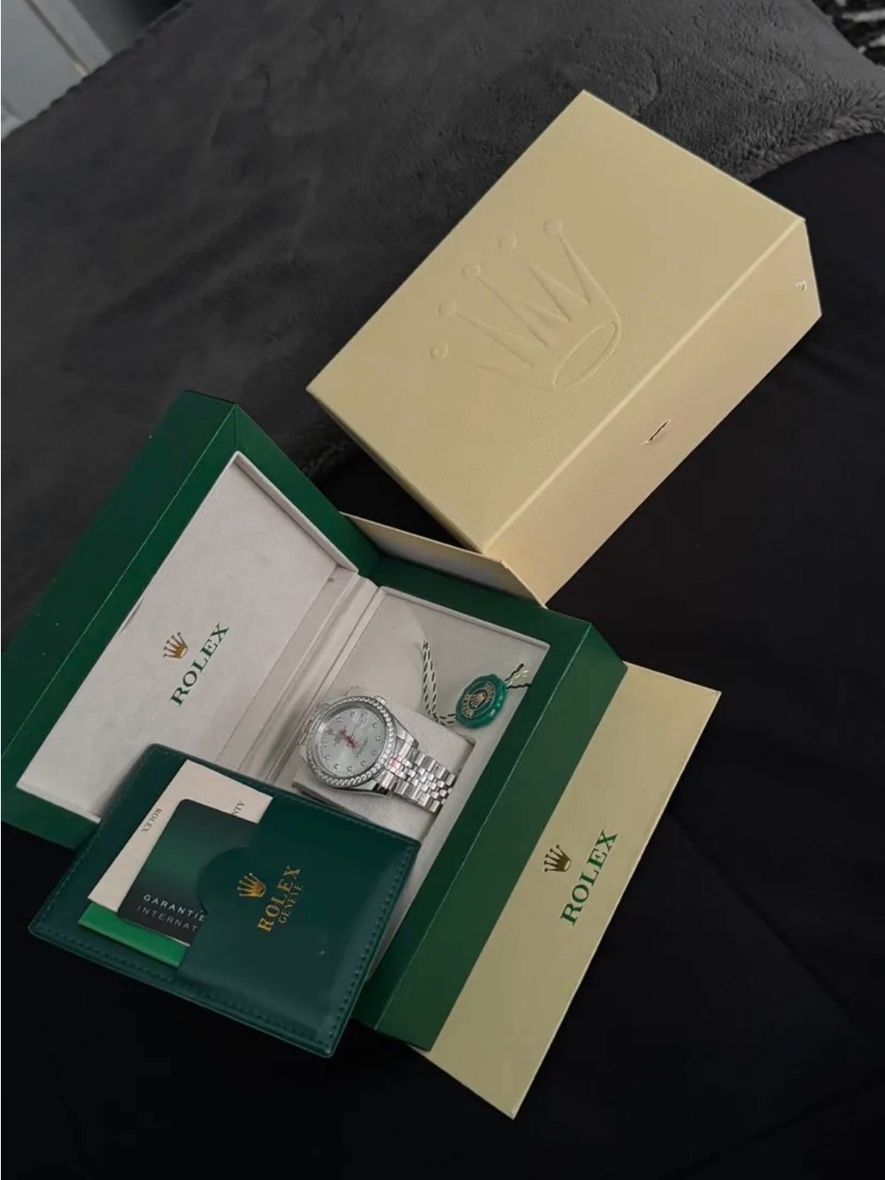 Rolex Men's Silver Stainless Steel Watch with Green Box Accents